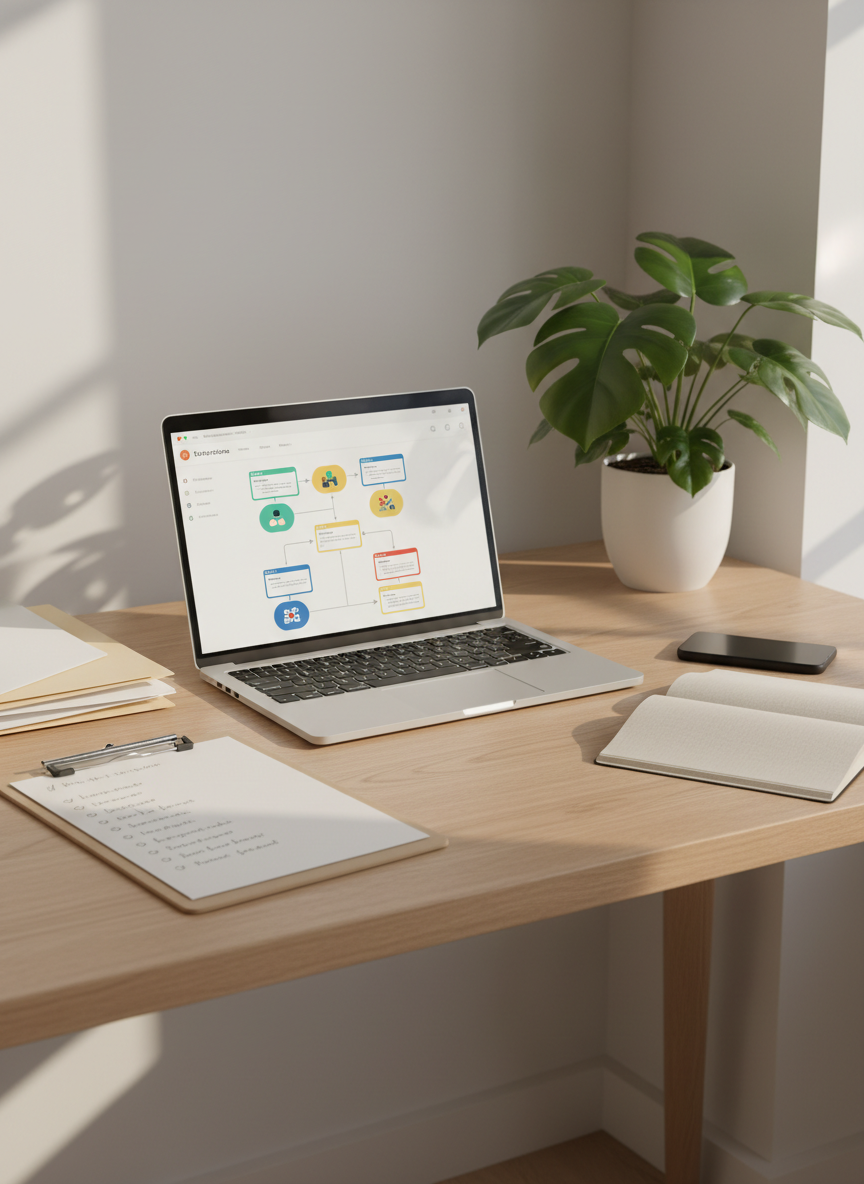 A clean, modern workspace featuring an open laptop on a light oak desk, its screen displaying a structured workflow dashboard with colorful, abstract icons representing systems and processes. Around the laptop lie neatly stacked folders, a simple clipboard with organized checklists, and a smartphone resting on a linen notebook. The environment is a small, sunlit studio office with a single leafy plant and neutral walls. Soft morning light filters through an unseen window, casting gentle shadows and subtle reflections on the desk surface. Photographic realism with a calm, approachable mood, shot at eye level with a shallow depth of field that keeps the focus on the tidy, efficient setup, suggesting organized, supportive business systems without showing any people.