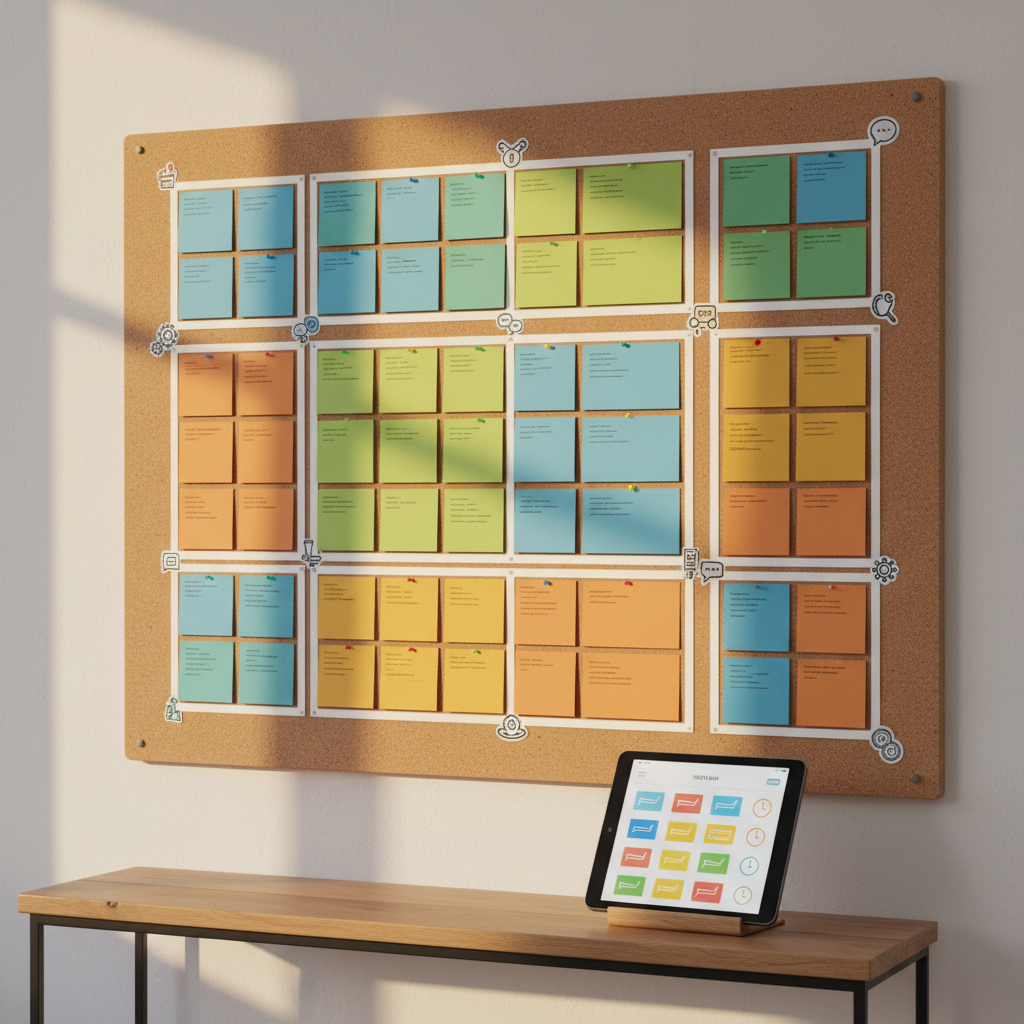 A medium shot of a small business command center: a large corkboard mounted on a soft white wall, covered with carefully arranged colored index cards, string-free but grouped in clear clusters to represent automated workflows and communication templates. Below, a narrow wooden console holds a tablet displaying a stylized inbox with tidy, abstract message icons and scheduled send indicators. Warm afternoon light from the side washes across the scene, creating gentle depth and soft shadows along the wall. The atmosphere feels empowering and achievable, not corporate. Photographic realism with a balanced composition, slightly angled viewpoint, and moderate depth of field that keeps both board and console in sharp focus, visually conveying organized, automated support for small businesses.