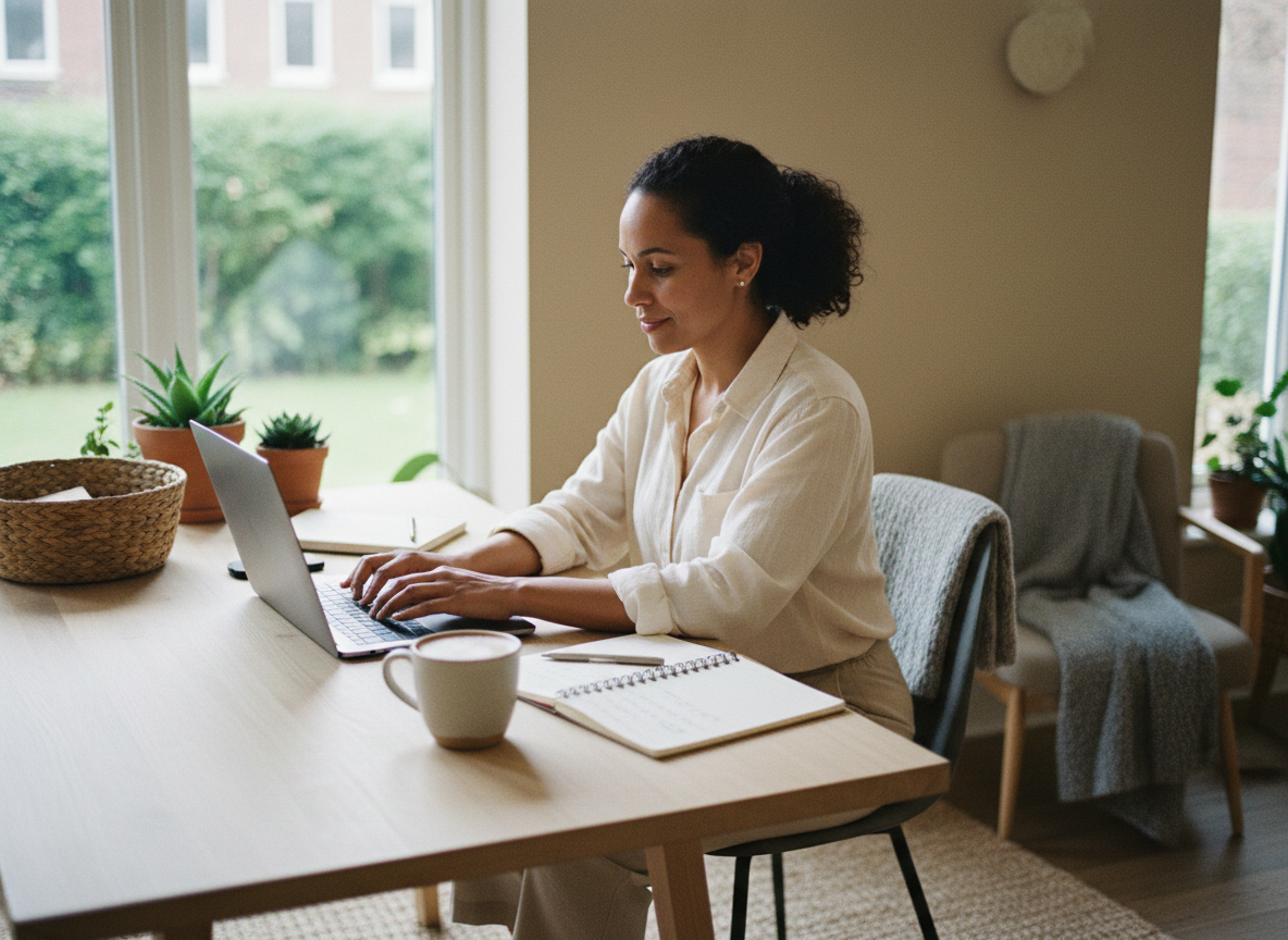 Small business owner working calmly at an organized modern desk