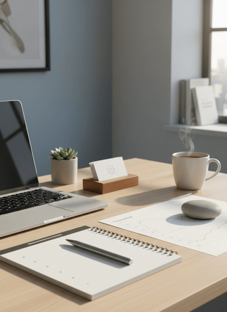 A professional, clean workspace showing a calm, organized desk with a laptop, notebook, and minimal business tools — conveying systematic thinking, process improvement, and small business efficiency. Warm, natural light. Modern and approachable.